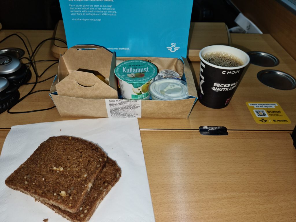 Frokost bestående av grovt brød, kaffe, yoghurt, juice, smør (syltetøy og ost som ikke er synlig på bildet)
